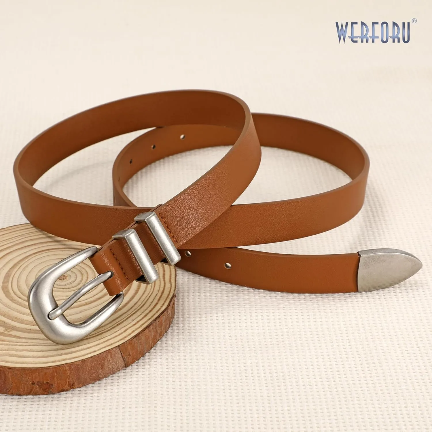 WERFORU Women Leather Belt Fashion Leather Waist Belt for Pants Jean Ladies Western Belt with Gold/Silver Buckle