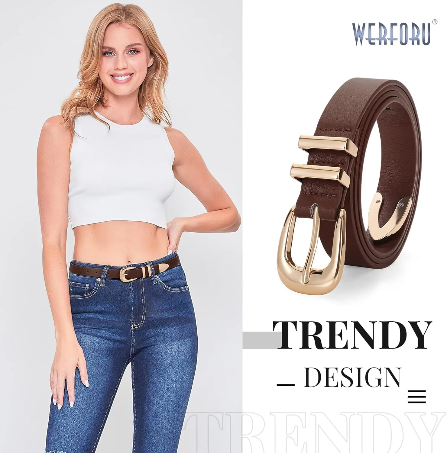 WERFORU Women Leather Belt Fashion Leather Waist Belt for Pants Jean Ladies Western Belt with Gold/Silver Buckle