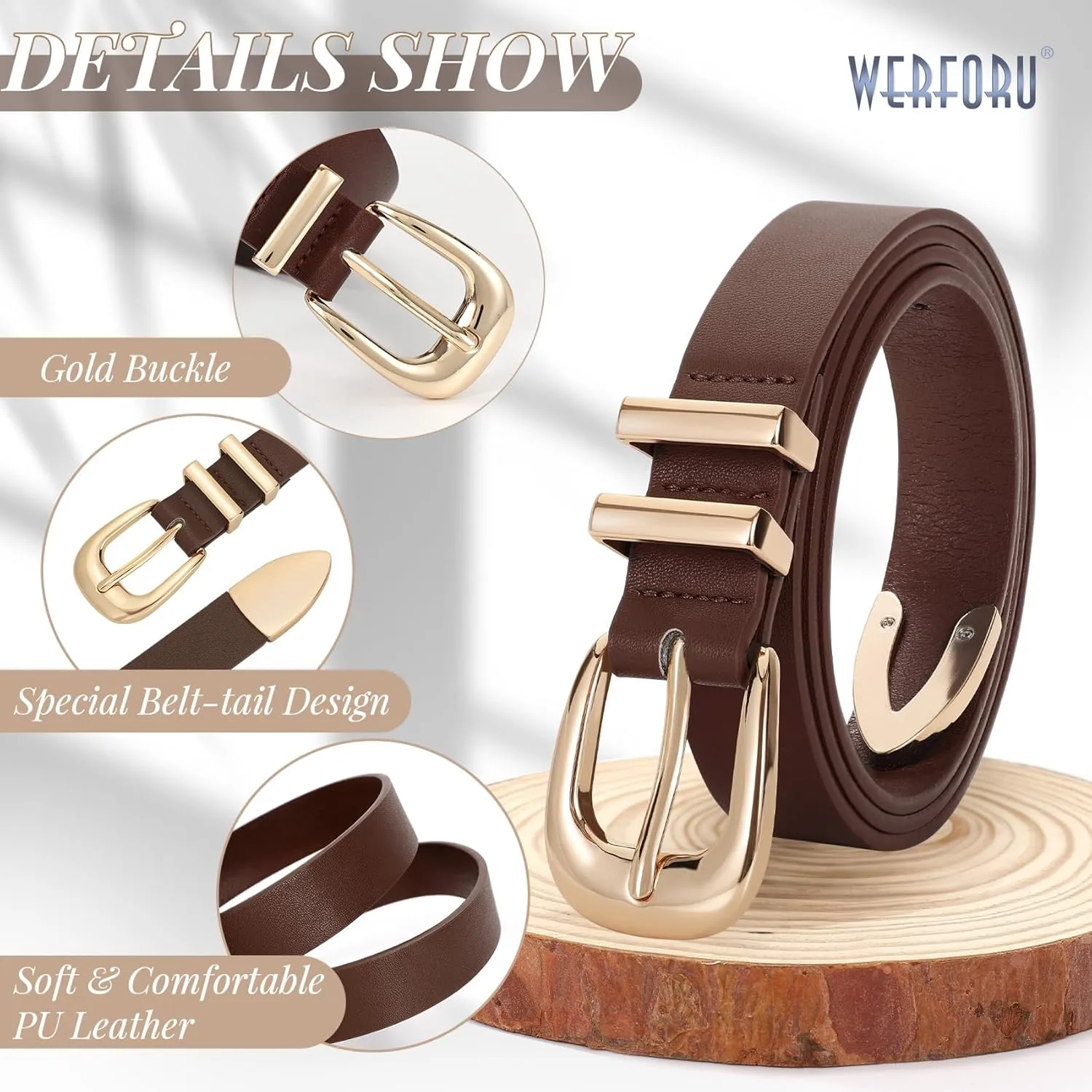 WERFORU Women Leather Belt Fashion Leather Waist Belt for Pants Jean Ladies Western Belt with Gold/Silver Buckle