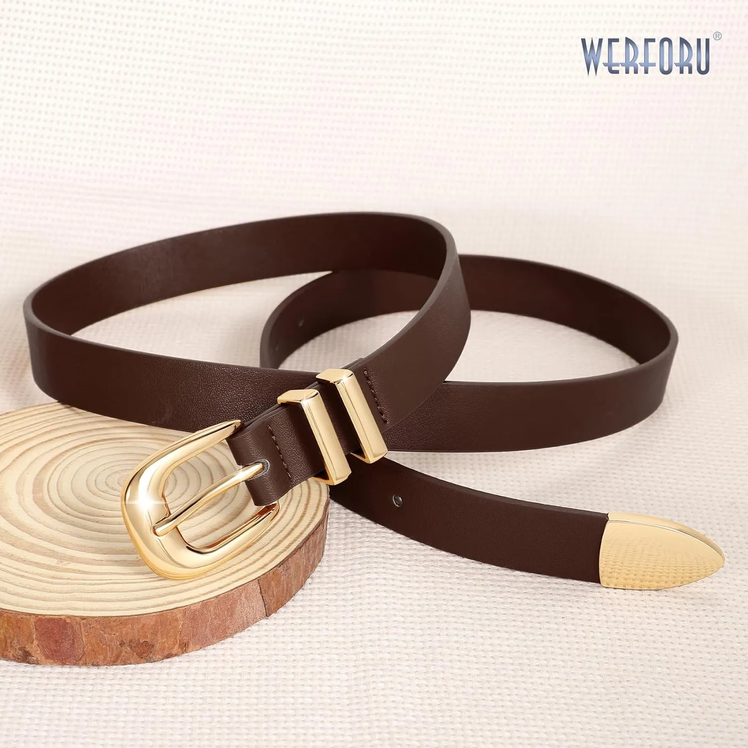 WERFORU Women Leather Belt Fashion Leather Waist Belt for Pants Jean Ladies Western Belt with Gold/Silver Buckle