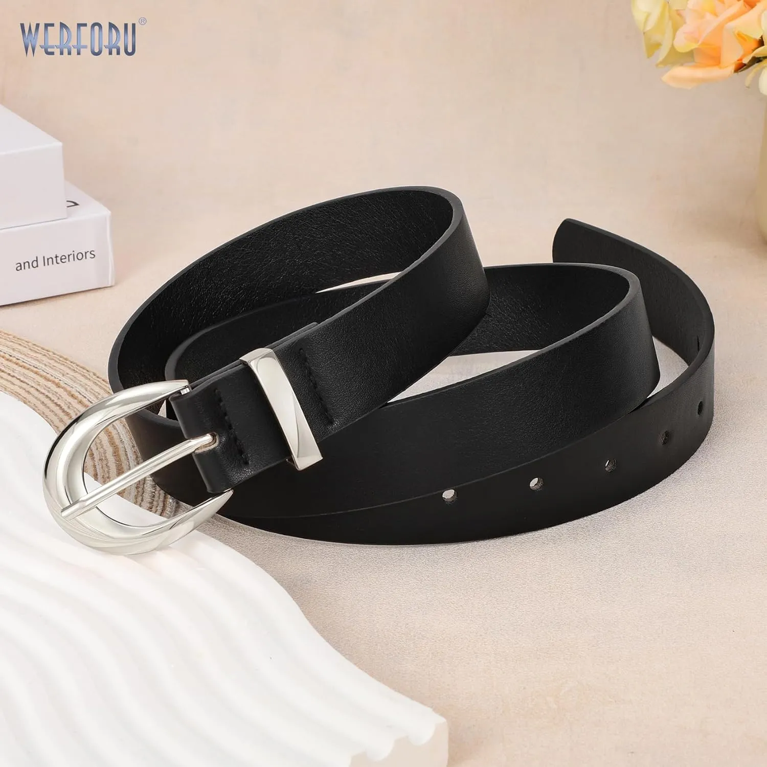 WERFORU Women Leather Belt Women Fashion Leather Belts for Jeans Pants Ladies Belts with Gold Buckle
