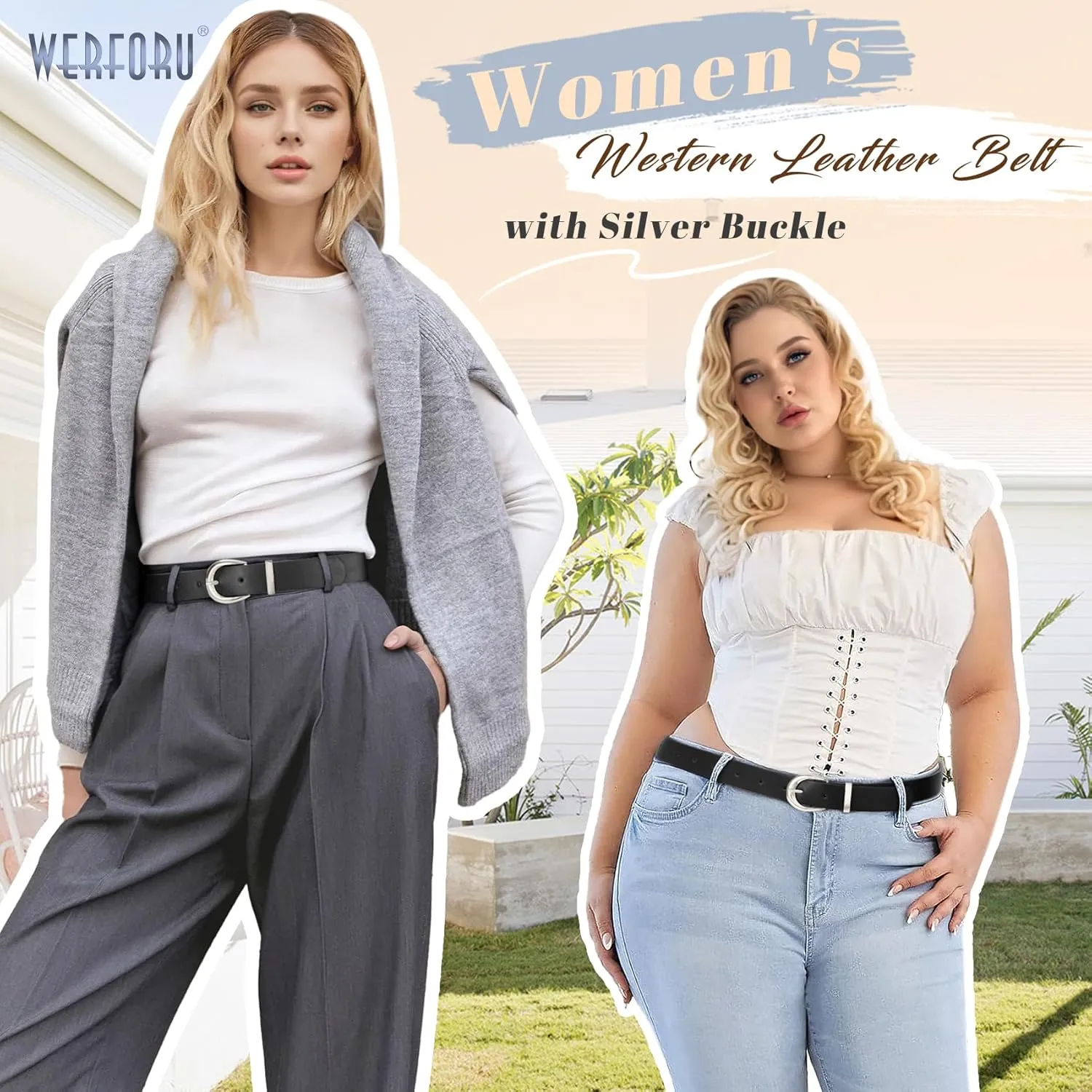 WERFORU Women Leather Belt Women Fashion Leather Belts for Jeans Pants Ladies Belts with Gold Buckle