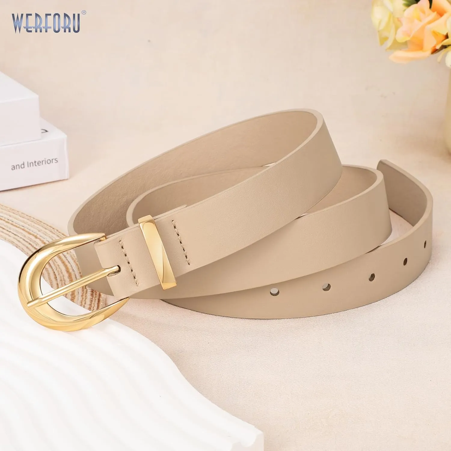 WERFORU Women Leather Belt Women Fashion Leather Belts for Jeans Pants Ladies Belts with Gold Buckle