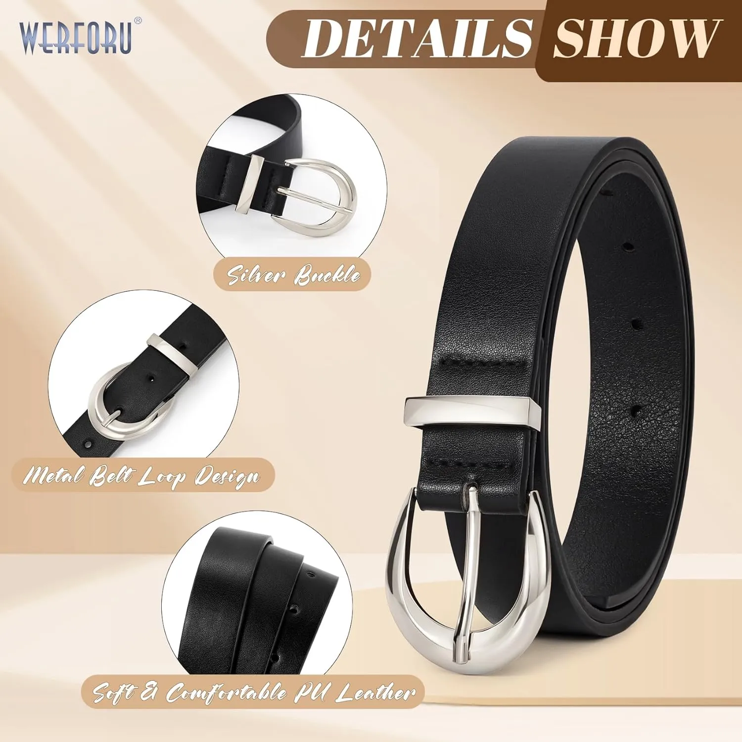WERFORU Women Leather Belt Women Fashion Leather Belts for Jeans Pants Ladies Belts with Gold Buckle