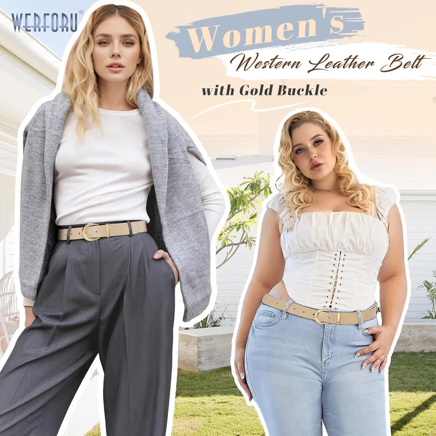 WERFORU Women Leather Belt Women Fashion Leather Belts for Jeans Pants Ladies Belts with Gold Buckle