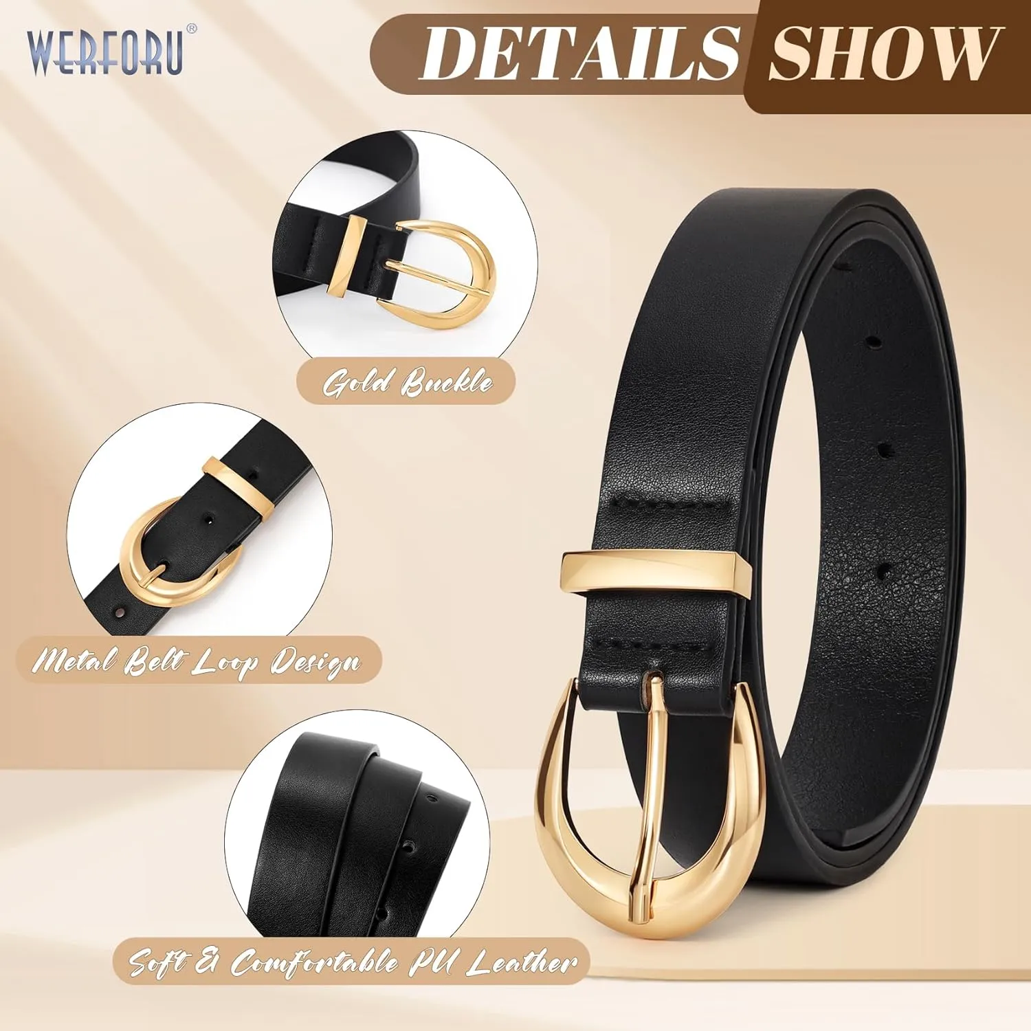 WERFORU Women Leather Belt Women Fashion Leather Belts for Jeans Pants Ladies Belts with Gold Buckle