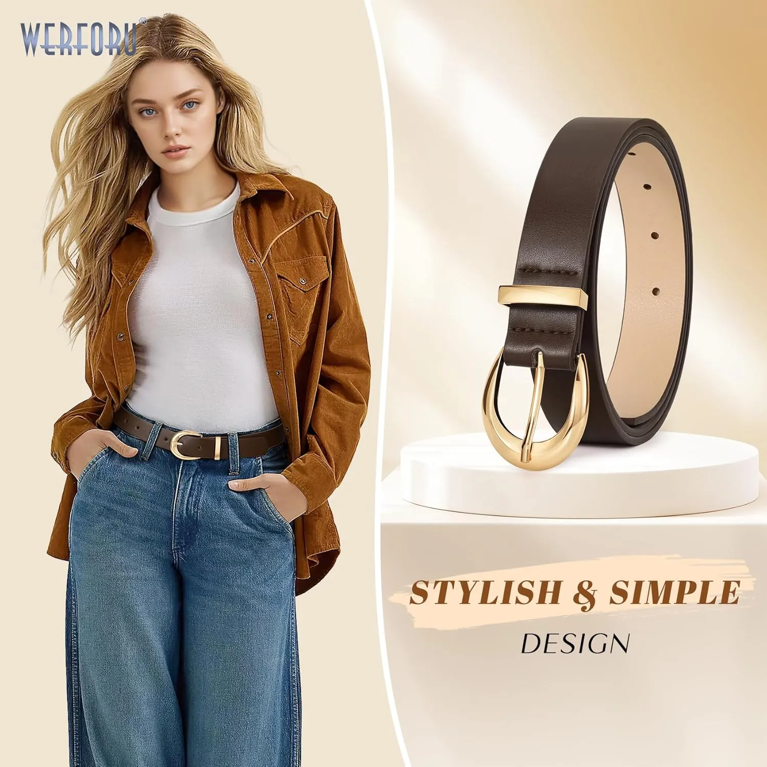 WERFORU Women Leather Belt Women Fashion Leather Belts for Jeans Pants Ladies Belts with Gold Buckle