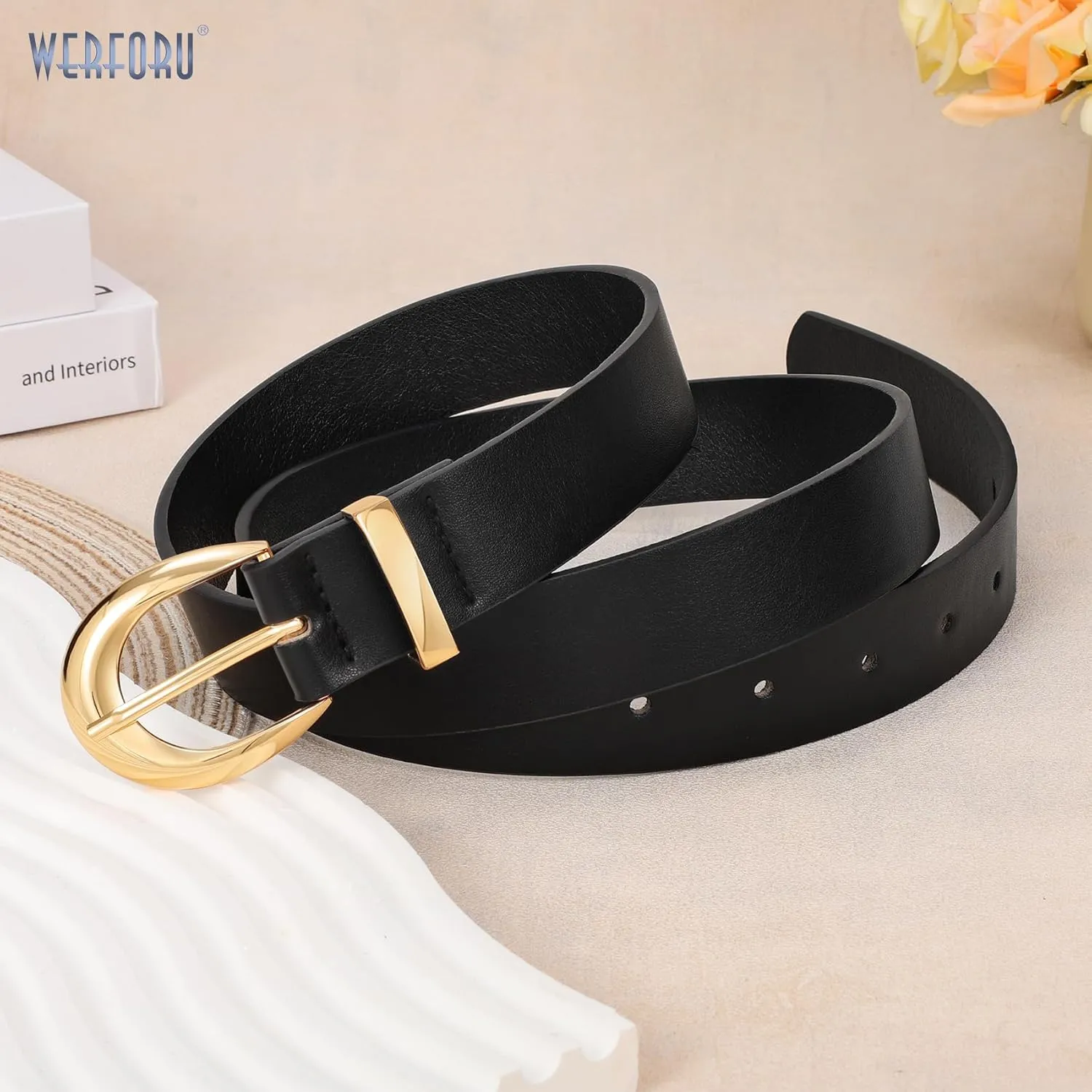 WERFORU Women Leather Belt Women Fashion Leather Belts for Jeans Pants Ladies Belts with Gold Buckle