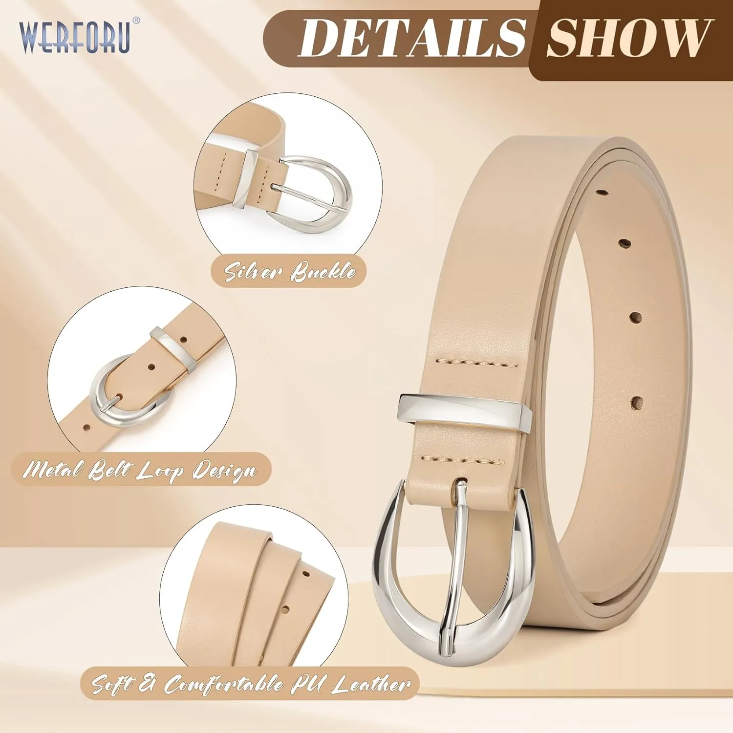 WERFORU Women Leather Belt Women Fashion Leather Belts for Jeans Pants Ladies Belts with Gold Buckle