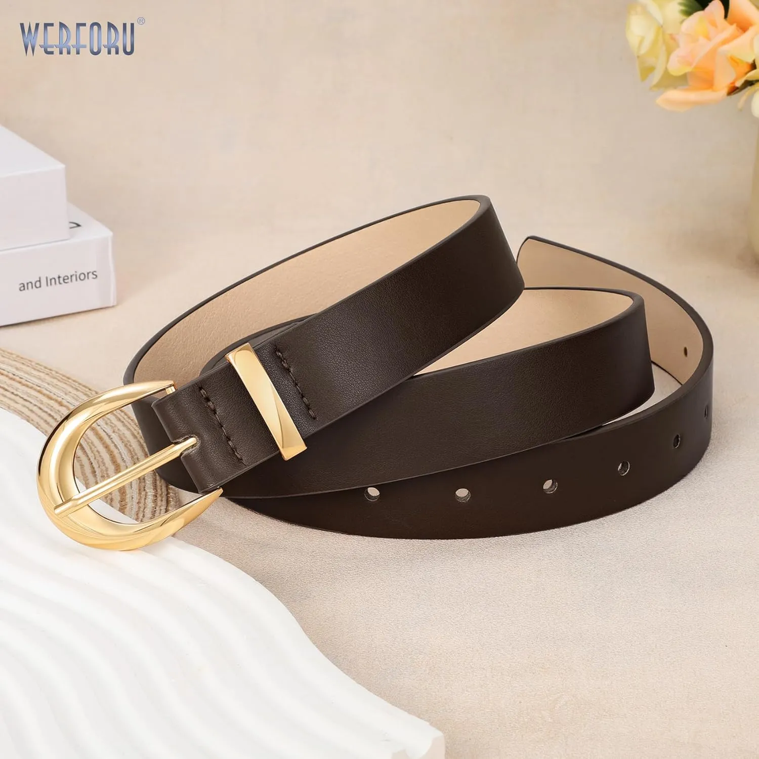 WERFORU Women Leather Belt Women Fashion Leather Belts for Jeans Pants Ladies Belts with Gold Buckle
