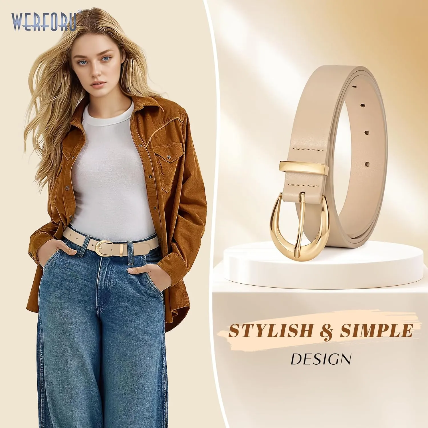 WERFORU Women Leather Belt Women Fashion Leather Belts for Jeans Pants Ladies Belts with Gold Buckle