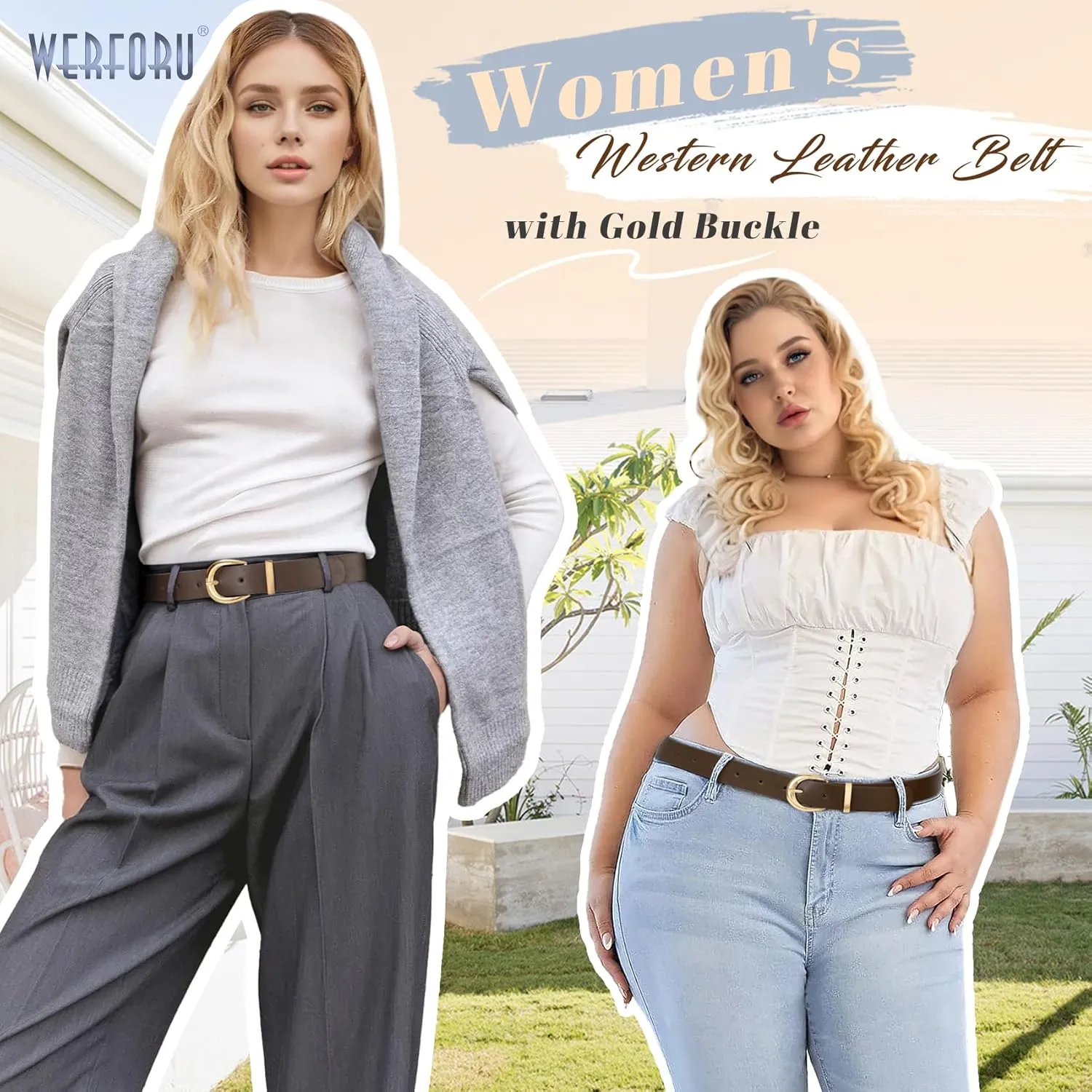 WERFORU Women Leather Belt Women Fashion Leather Belts for Jeans Pants Ladies Belts with Gold Buckle