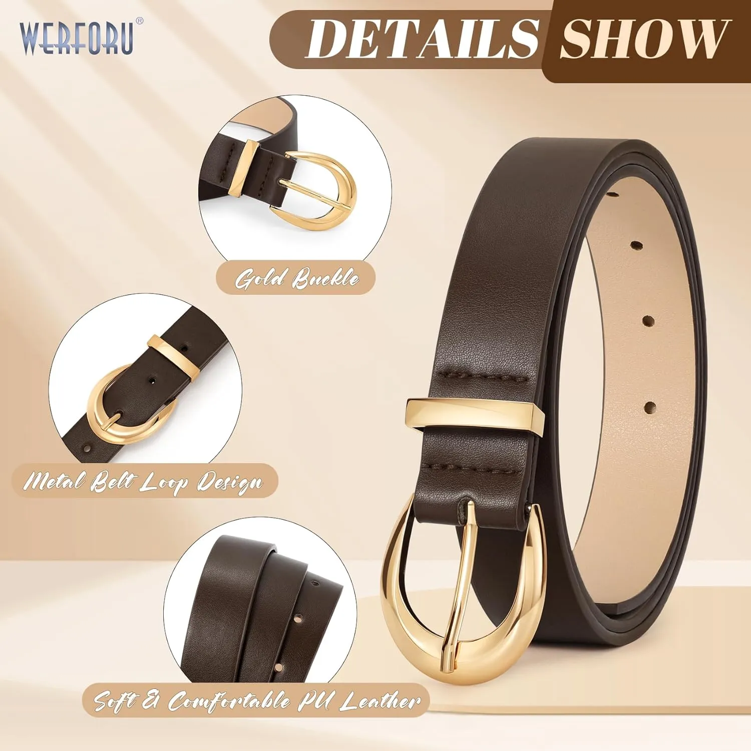 WERFORU Women Leather Belt Women Fashion Leather Belts for Jeans Pants Ladies Belts with Gold Buckle