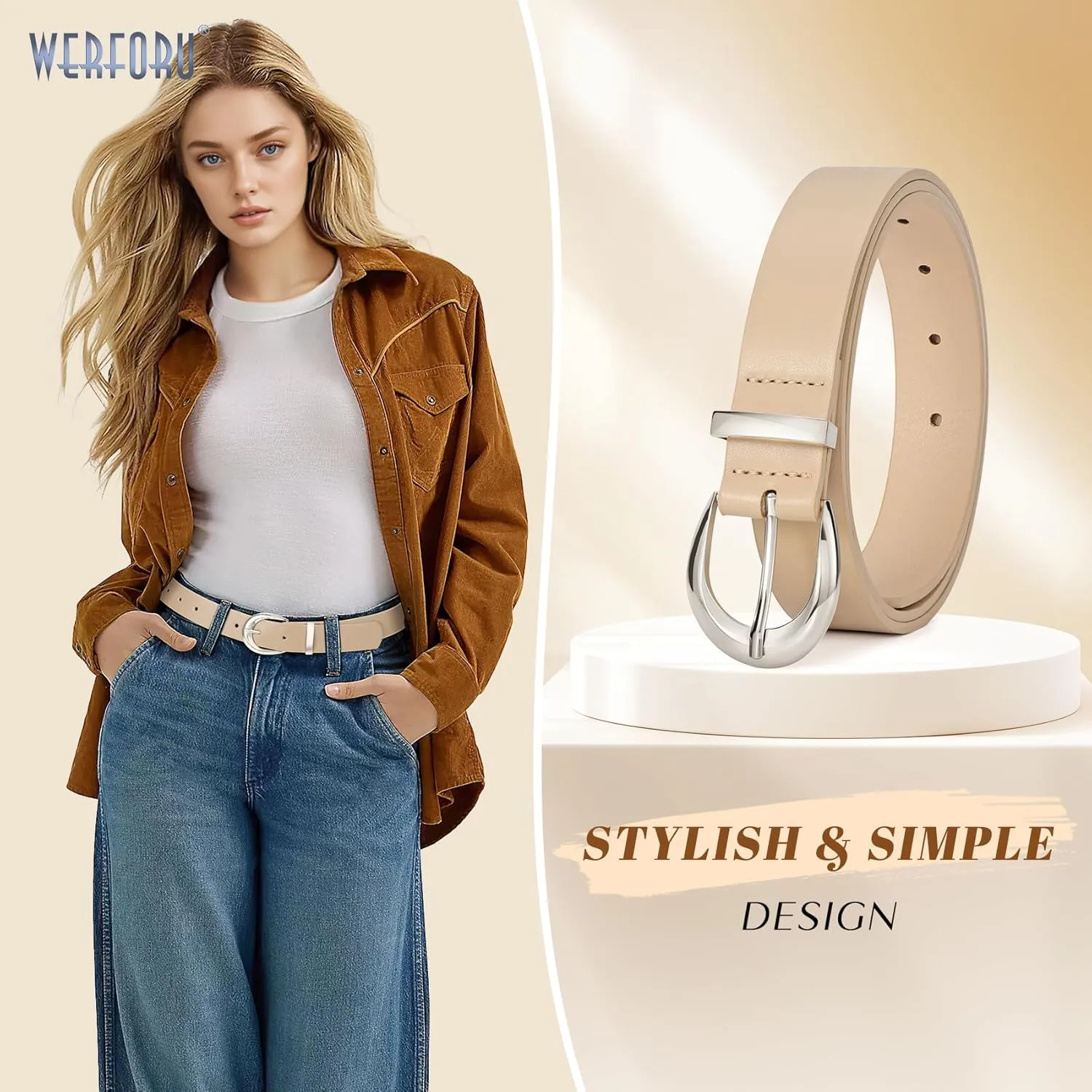 WERFORU Women Leather Belt Women Fashion Leather Belts for Jeans Pants Ladies Belts with Gold Buckle