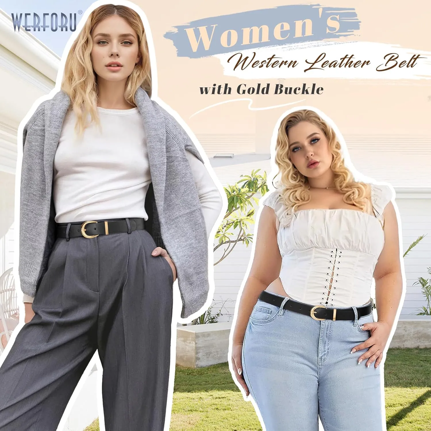 WERFORU Women Leather Belt Women Fashion Leather Belts for Jeans Pants Ladies Belts with Gold Buckle