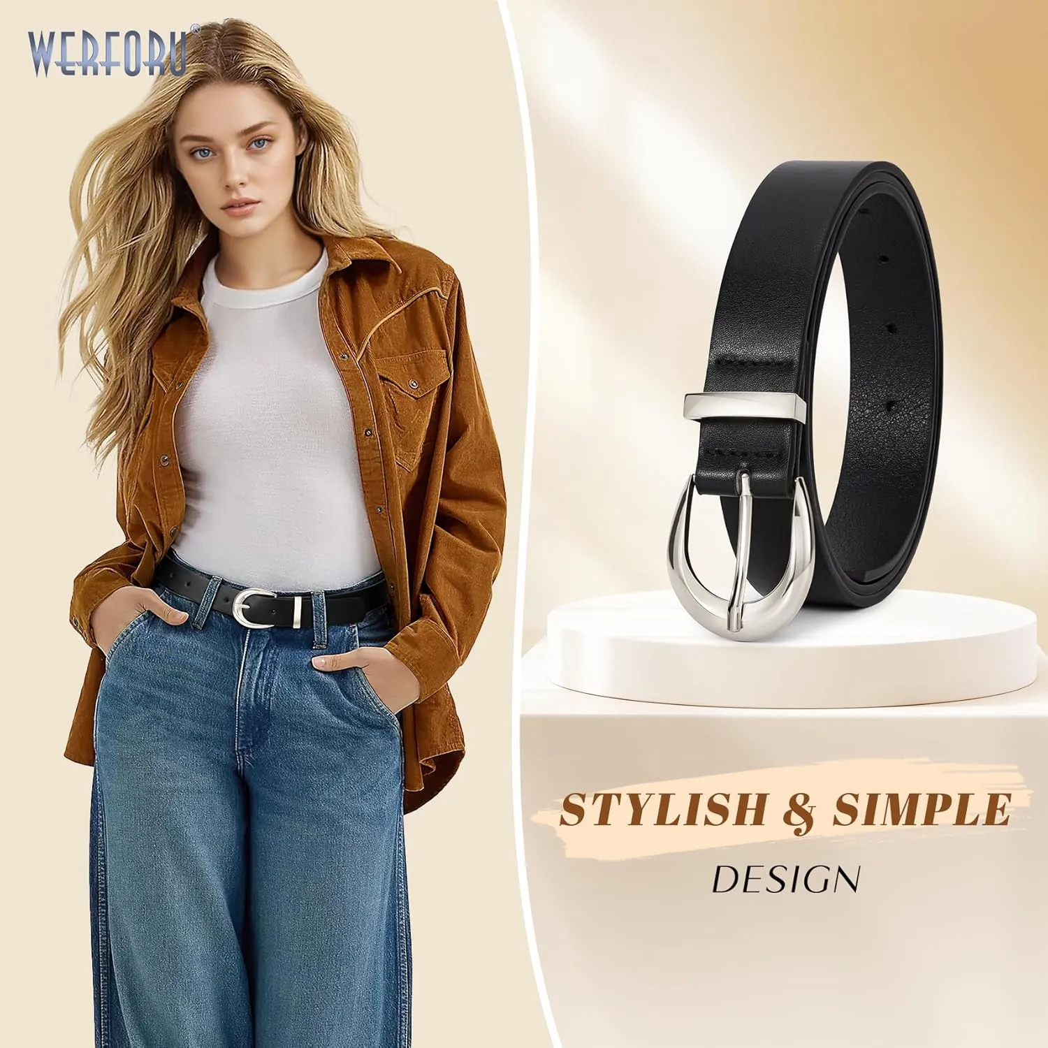 WERFORU Women Leather Belt Women Fashion Leather Belts for Jeans Pants Ladies Belts with Gold Buckle