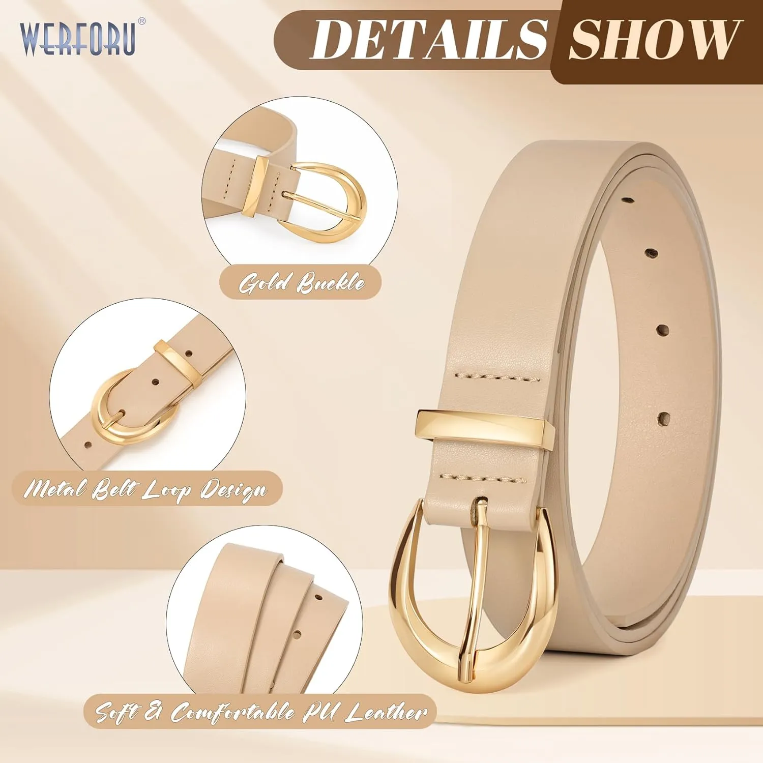 WERFORU Women Leather Belt Women Fashion Leather Belts for Jeans Pants Ladies Belts with Gold Buckle