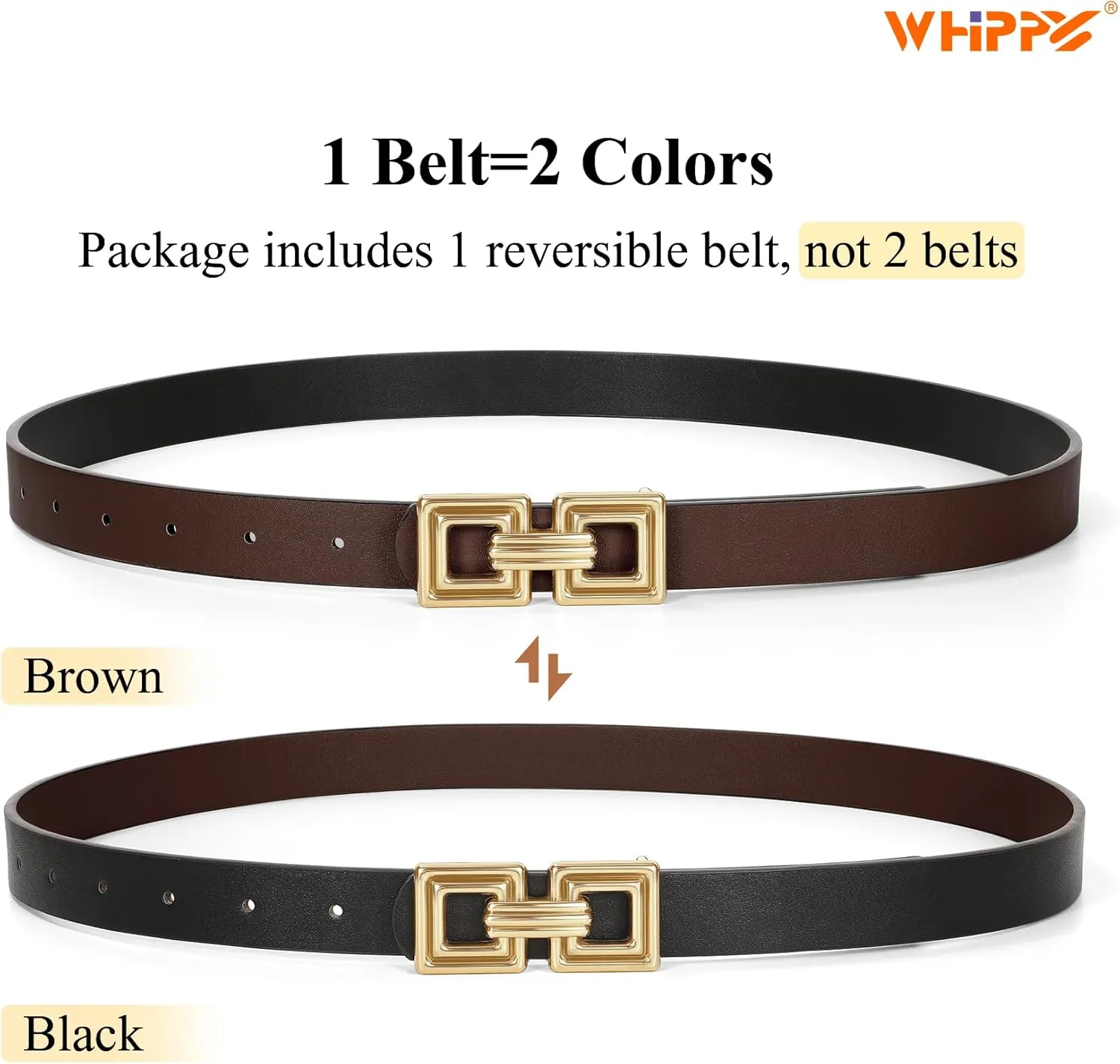 WHIPPY Reversible Leather Belt for Women Fashion Ladies Faux Leather Belt for Jeans Pants Dress with Gold Buckle 1 Pack