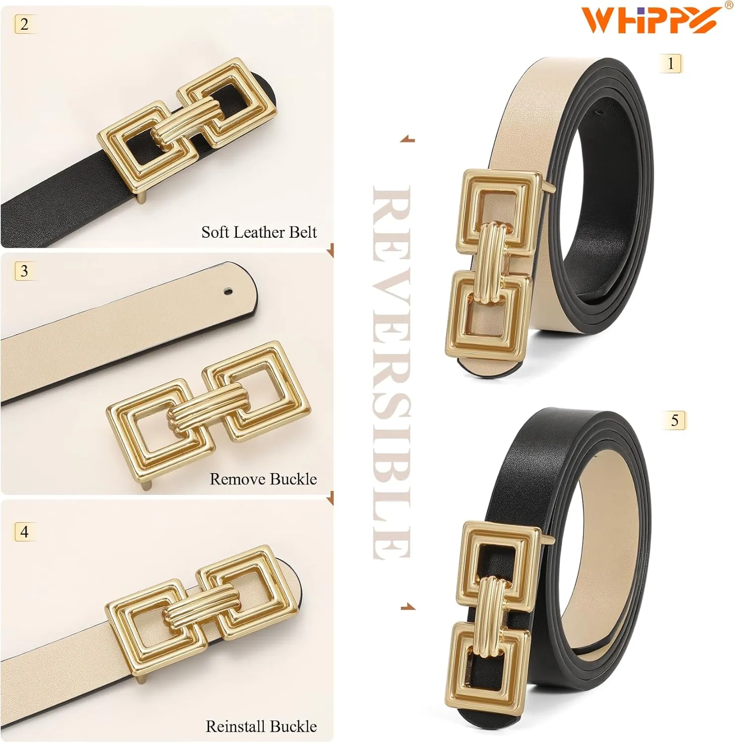 WHIPPY Reversible Leather Belt for Women Fashion Ladies Faux Leather Belt for Jeans Pants Dress with Gold Buckle 1 Pack