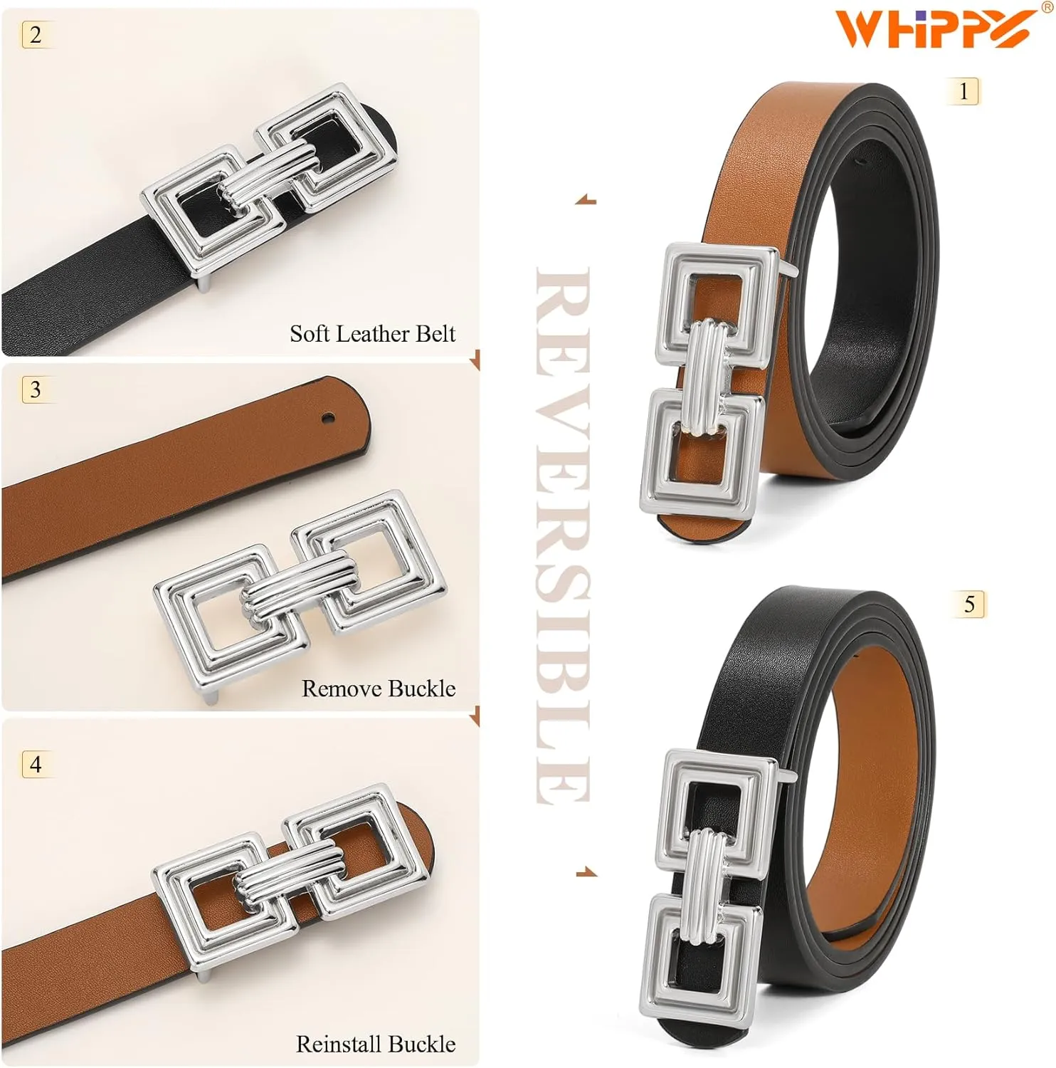 WHIPPY Reversible Leather Belt for Women Fashion Ladies Faux Leather Belt for Jeans Pants Dress with Gold Buckle 1 Pack