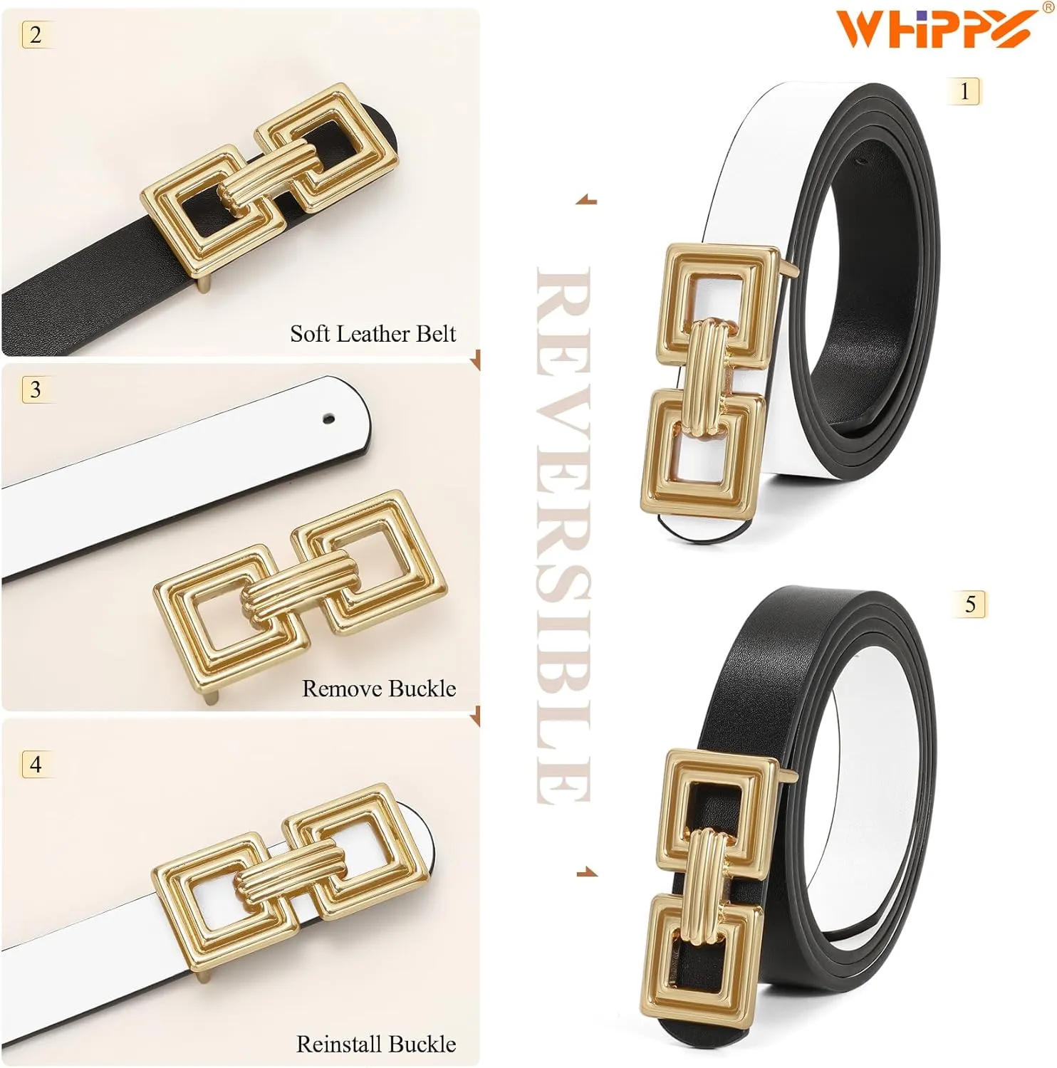 WHIPPY Reversible Leather Belt for Women Fashion Ladies Faux Leather Belt for Jeans Pants Dress with Gold Buckle 1 Pack
