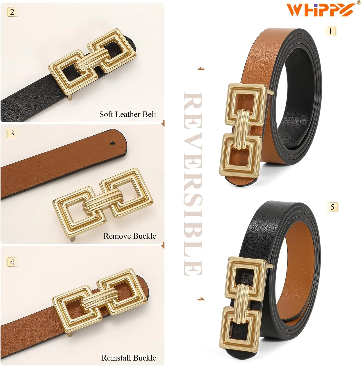 WHIPPY Reversible Leather Belt for Women Fashion Ladies Faux Leather Belt for Jeans Pants Dress with Gold Buckle 1 Pack