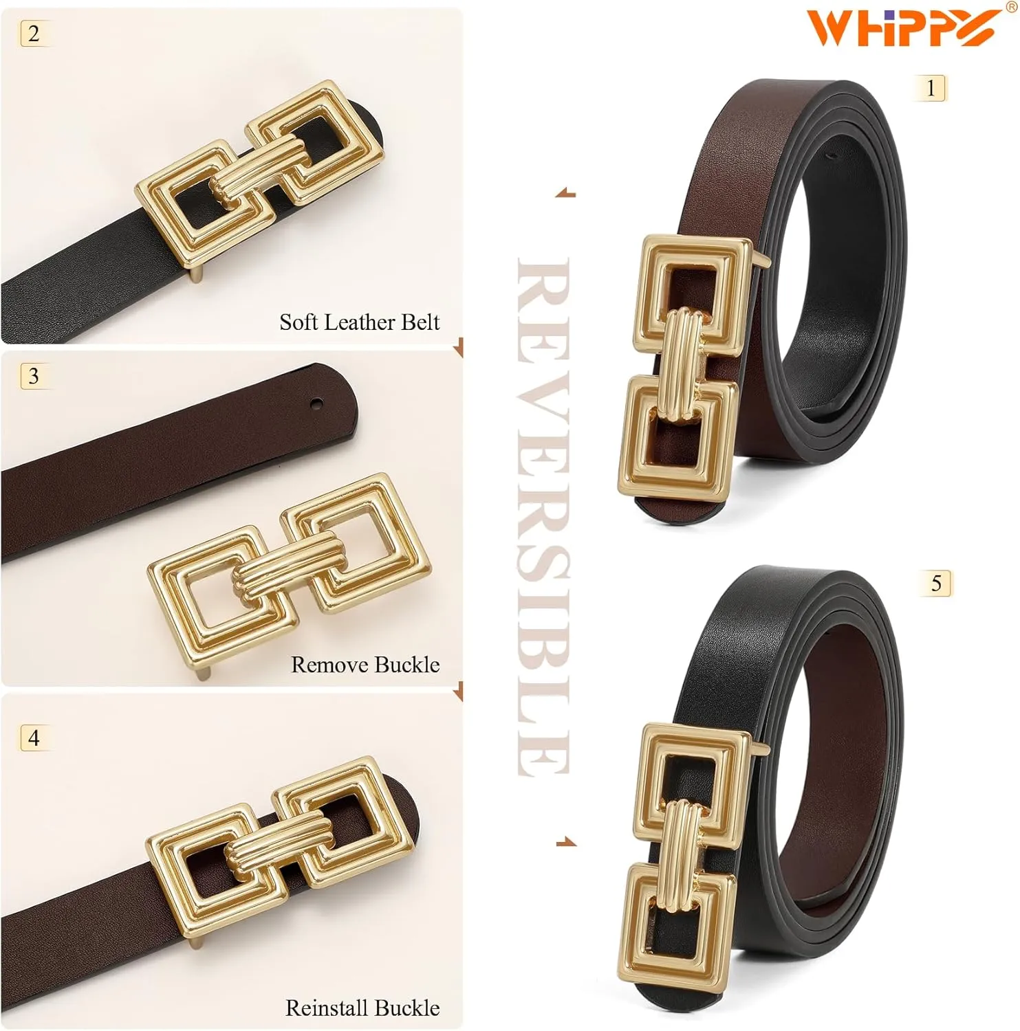 WHIPPY Reversible Leather Belt for Women Fashion Ladies Faux Leather Belt for Jeans Pants Dress with Gold Buckle 1 Pack