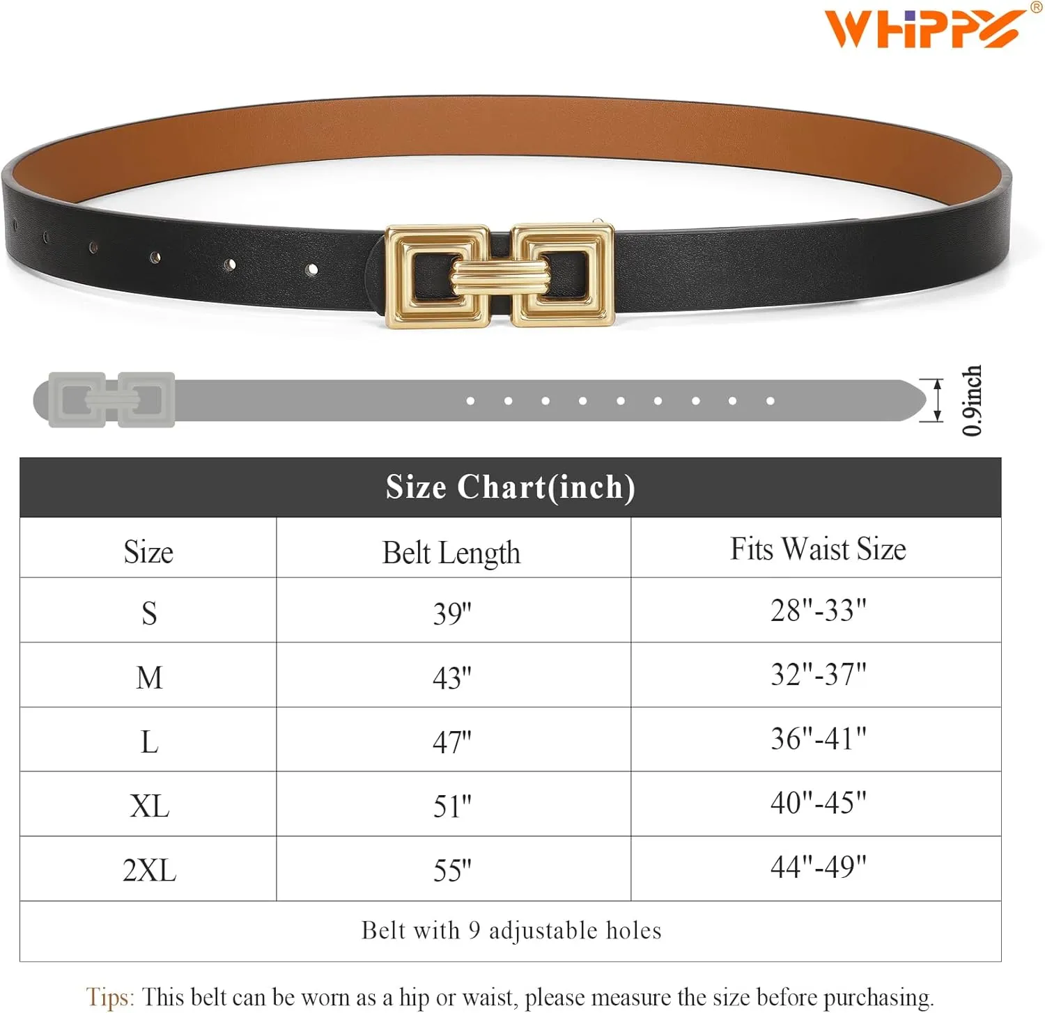 WHIPPY Reversible Leather Belt for Women Fashion Ladies Faux Leather Belt for Jeans Pants Dress with Gold Buckle 1 Pack