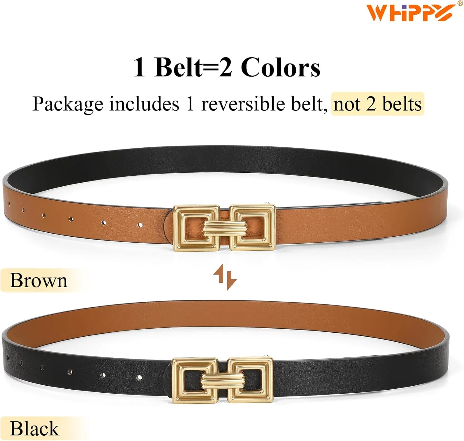 WHIPPY Reversible Leather Belt for Women Fashion Ladies Faux Leather Belt for Jeans Pants Dress with Gold Buckle 1 Pack