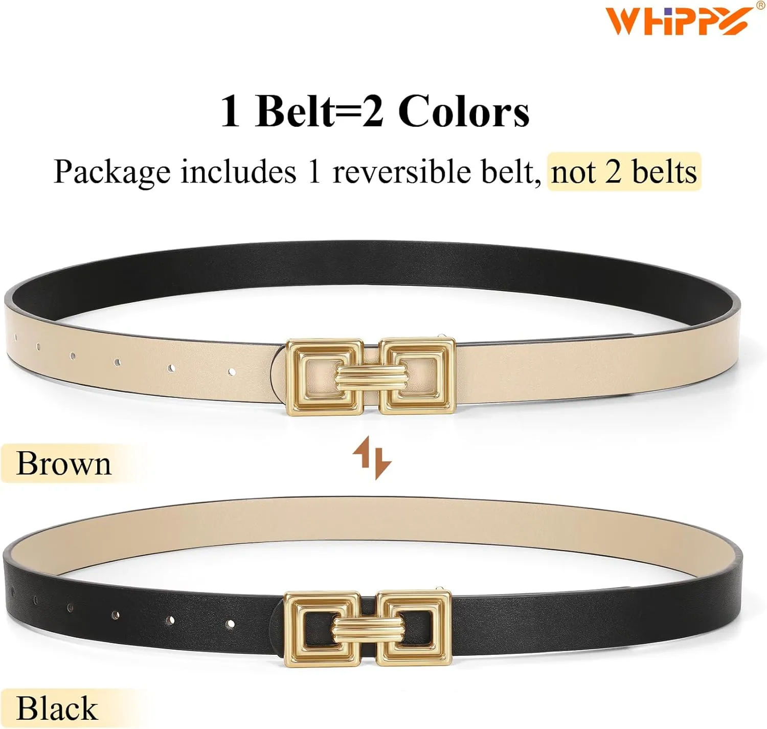 WHIPPY Reversible Leather Belt for Women Fashion Ladies Faux Leather Belt for Jeans Pants Dress with Gold Buckle 1 Pack