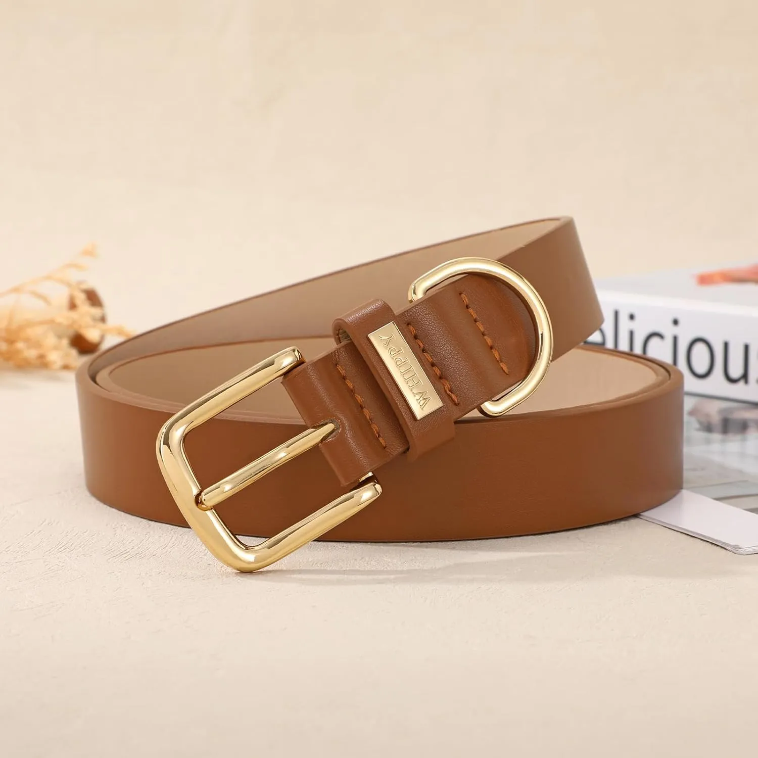 WHIPPY Women Leather Belt Fashion Ladies Waist Belt with Gold Buckle Casual Leather Belt for Jeans Pants Dresses