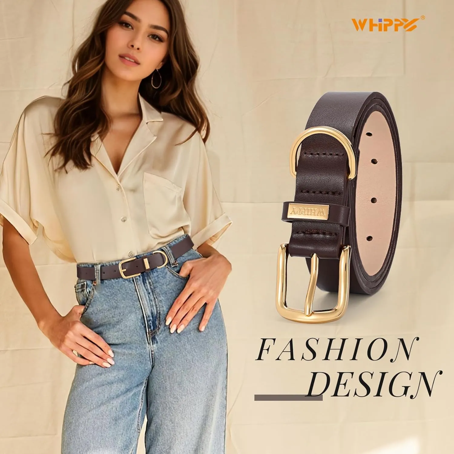 WHIPPY Women Leather Belt Fashion Ladies Waist Belt with Gold Buckle Casual Leather Belt for Jeans Pants Dresses