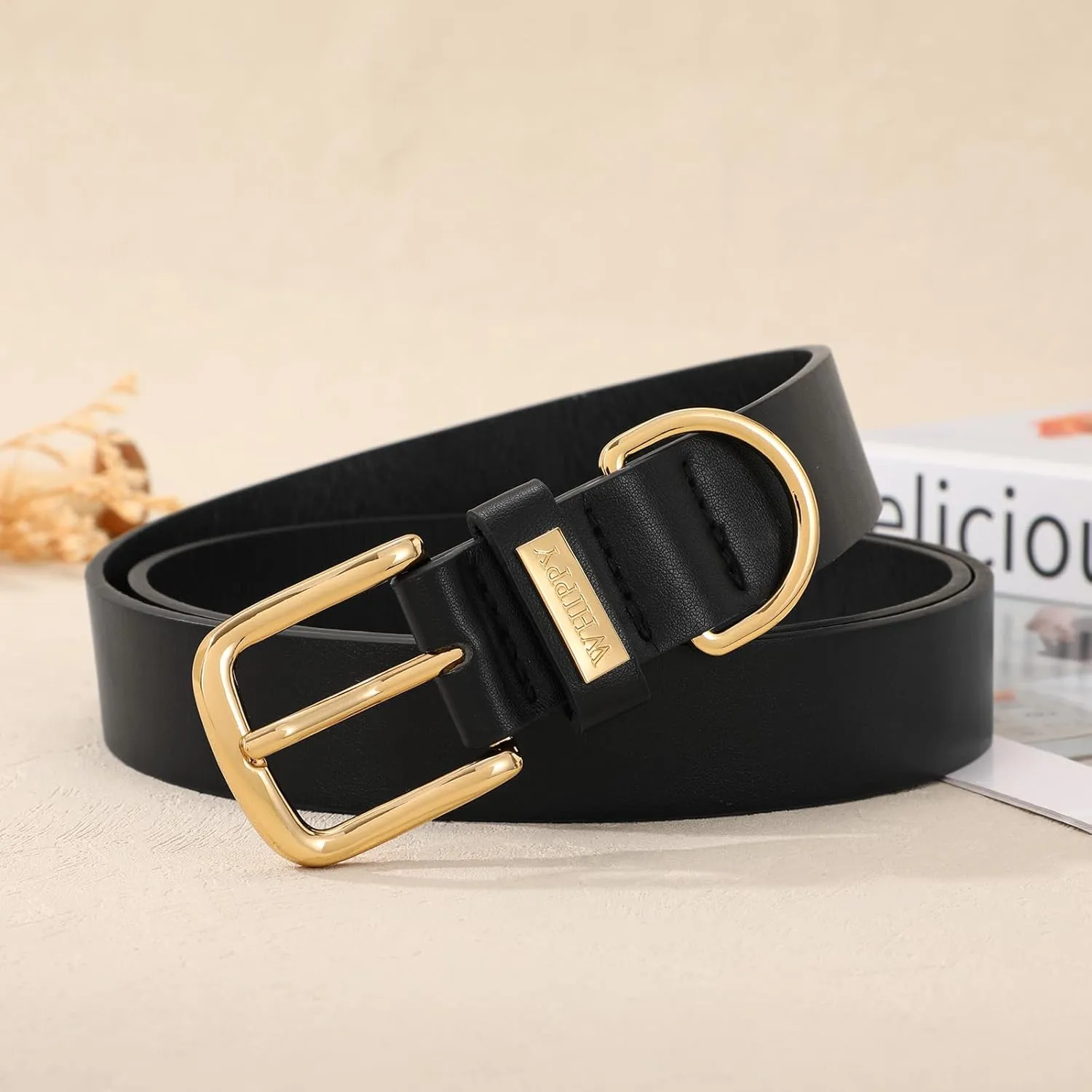WHIPPY Women Leather Belt Fashion Ladies Waist Belt with Gold Buckle Casual Leather Belt for Jeans Pants Dresses