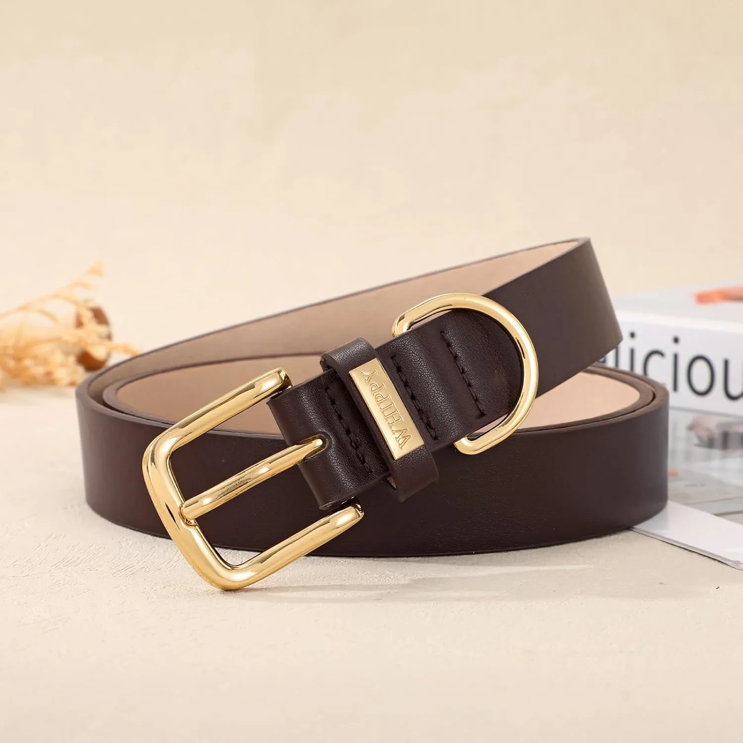 WHIPPY Women Leather Belt Fashion Ladies Waist Belt with Gold Buckle Casual Leather Belt for Jeans Pants Dresses