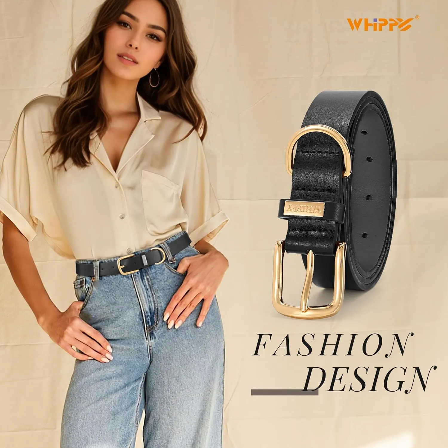 WHIPPY Women Leather Belt Fashion Ladies Waist Belt with Gold Buckle Casual Leather Belt for Jeans Pants Dresses