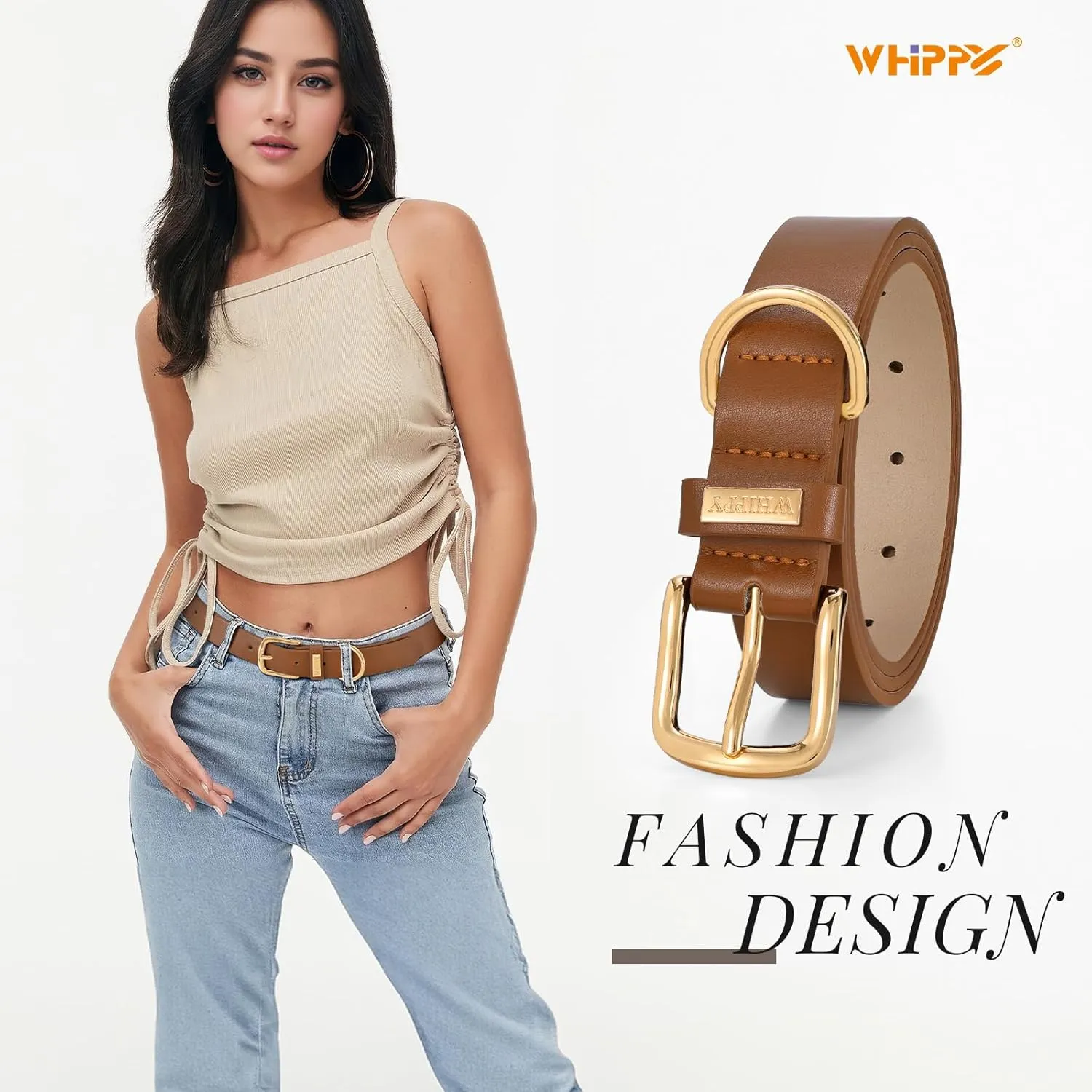 WHIPPY Women Leather Belt Fashion Ladies Waist Belt with Gold Buckle Casual Leather Belt for Jeans Pants Dresses