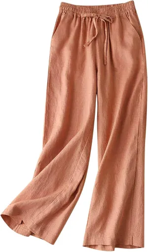 Wide Leg Linen Pants for Women Casual Drawstring Elastic Waisted Palazzo Pants Flowy Summer Beach Trousers with Pockets