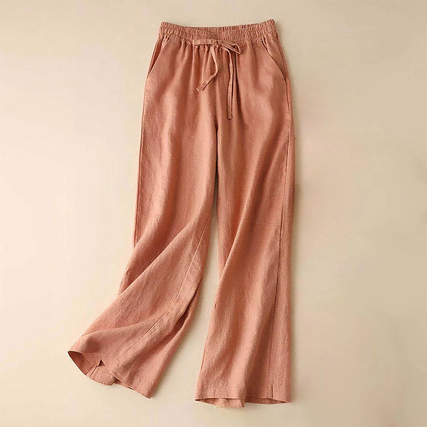 Wide Leg Linen Pants for Women Casual Drawstring Elastic Waisted Palazzo Pants Flowy Summer Beach Trousers with Pockets