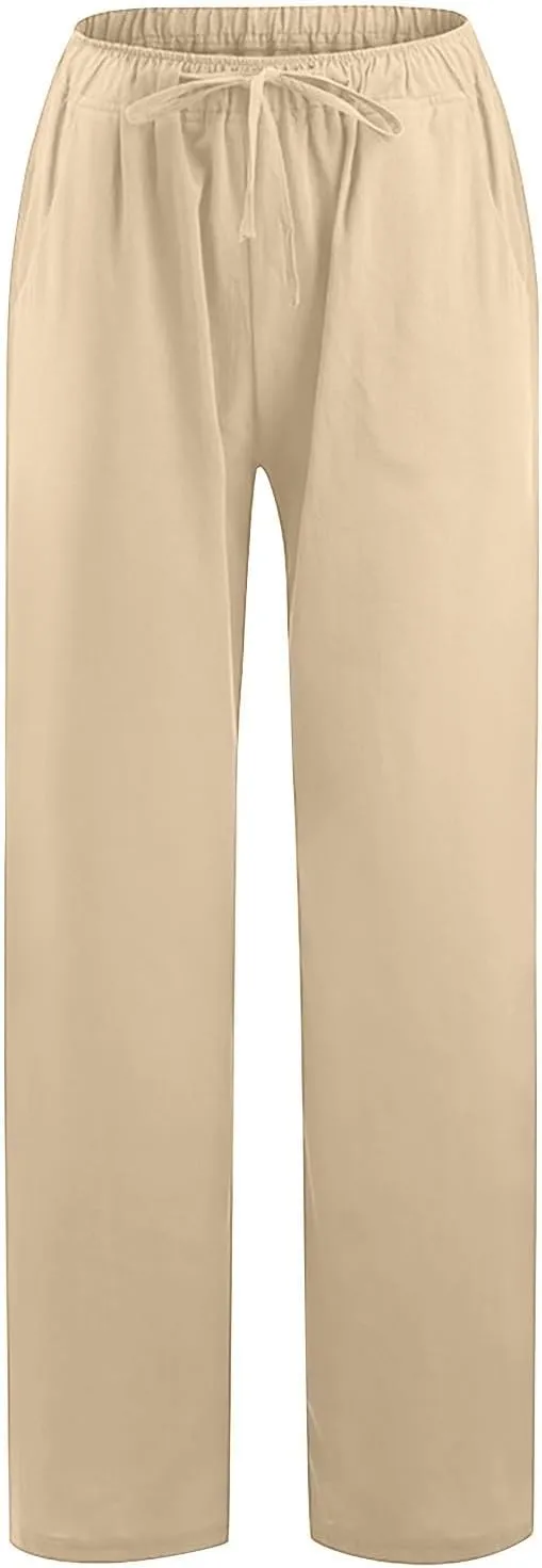 Wide Leg Linen Pants Women Summer Lightweight Lounge Pants Flowy Beach Palazzo Pants Drawstring Elastic Waist Trousers