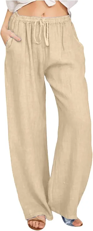 Wide Leg Linen Pants Women Summer Lightweight Lounge Pants Flowy Beach Palazzo Pants Drawstring Elastic Waist Trousers