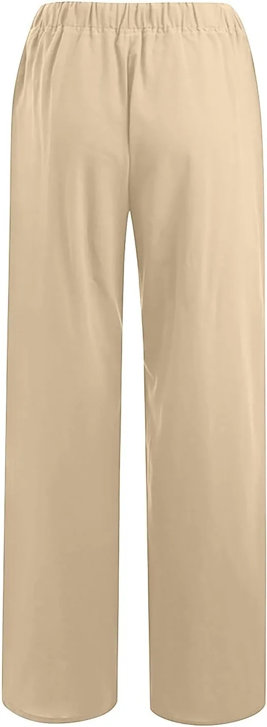 Wide Leg Linen Pants Women Summer Lightweight Lounge Pants Flowy Beach Palazzo Pants Drawstring Elastic Waist Trousers
