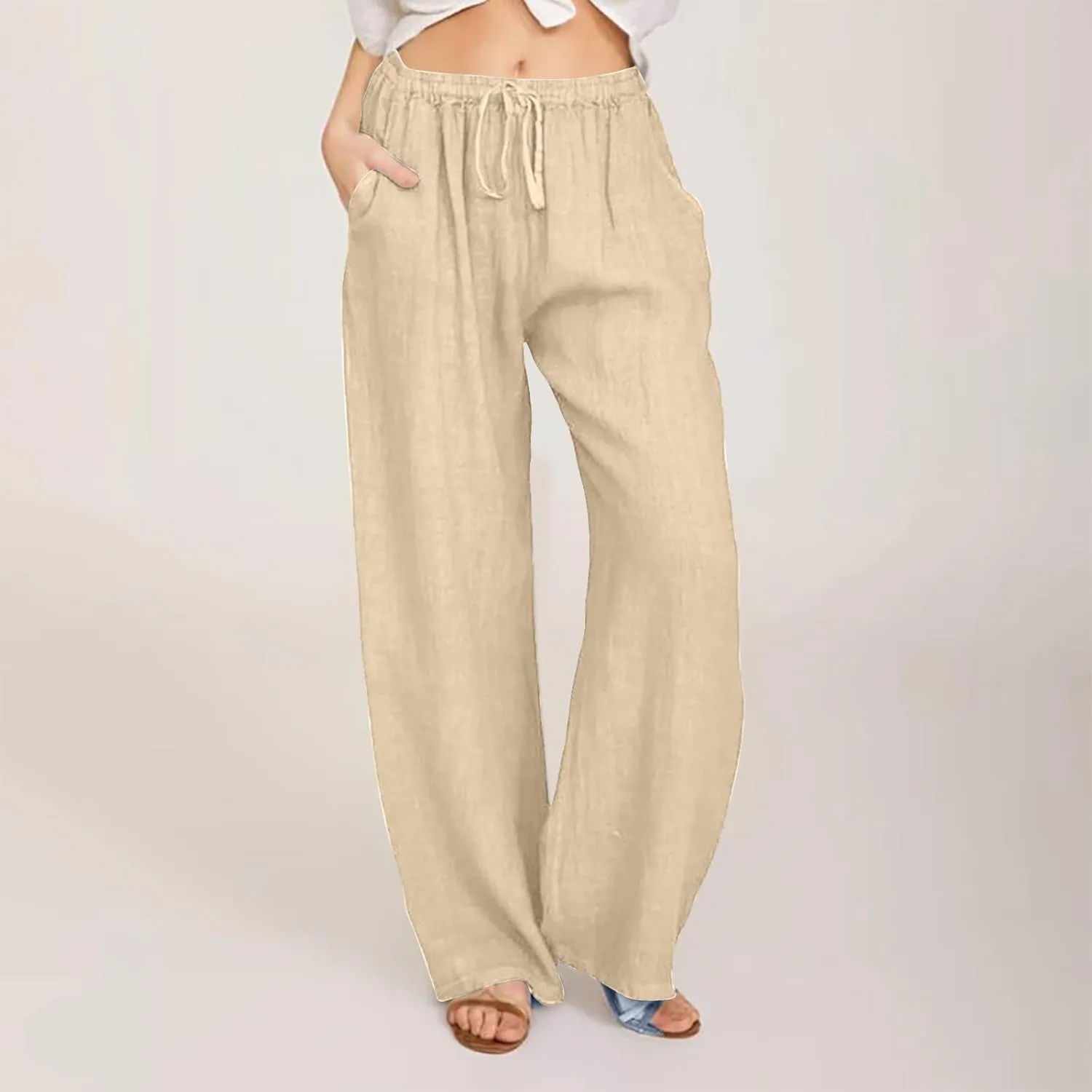 Wide Leg Linen Pants Women Summer Lightweight Lounge Pants Flowy Beach Palazzo Pants Drawstring Elastic Waist Trousers
