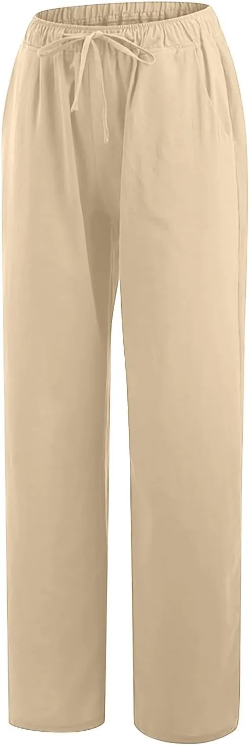 Wide Leg Linen Pants Women Summer Lightweight Lounge Pants Flowy Beach Palazzo Pants Drawstring Elastic Waist Trousers