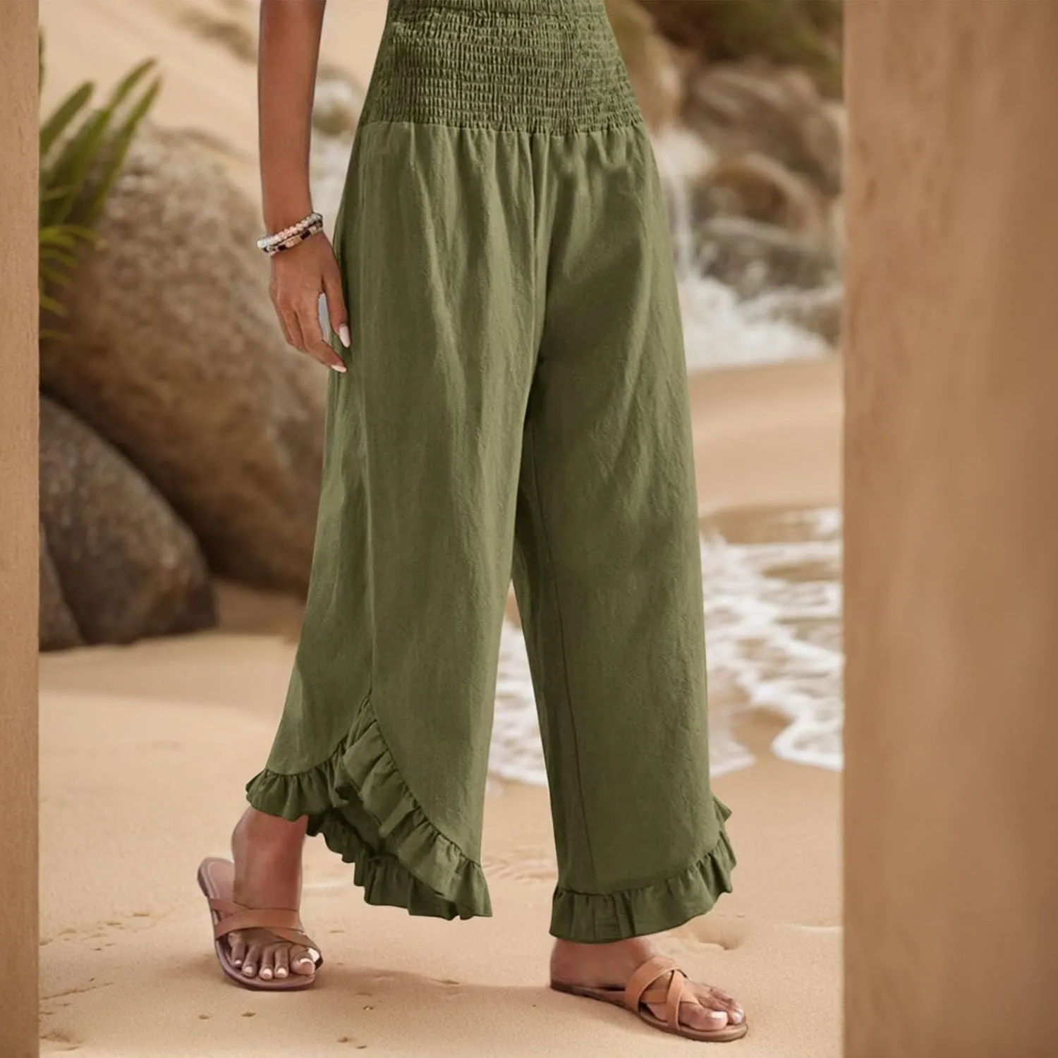 Wide Leg Pants Woman Casual Summer Smocked High Waisted Linen Pants Flowy Ruffle Hem Palazzo Pants with Pockets