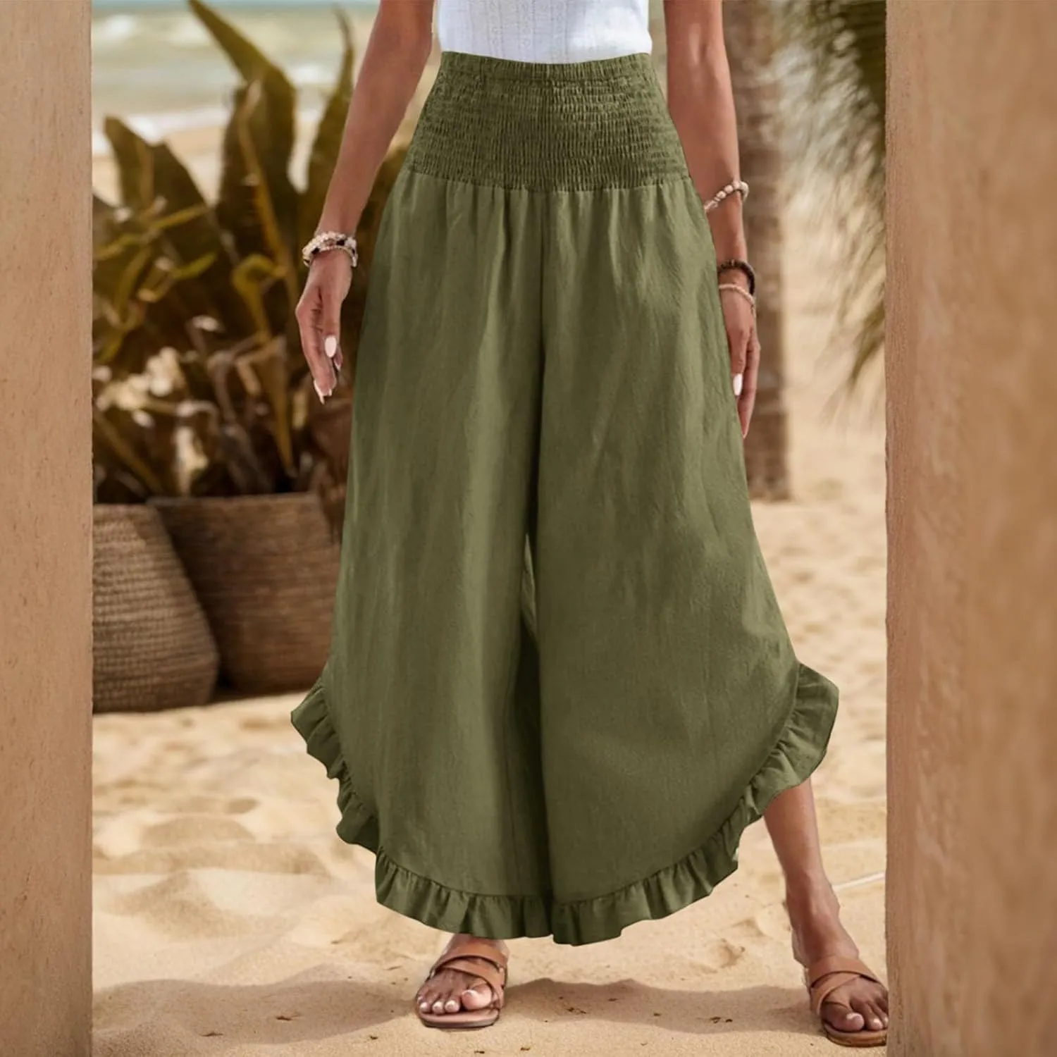 Wide Leg Pants Woman Casual Summer Smocked High Waisted Linen Pants Flowy Ruffle Hem Palazzo Pants with Pockets