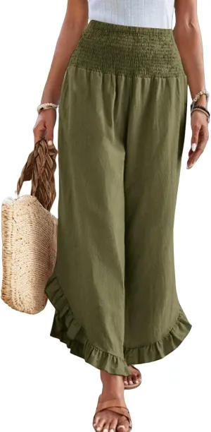 Wide Leg Pants Woman Casual Summer Smocked High Waisted Linen Pants Flowy Ruffle Hem Palazzo Pants with Pockets