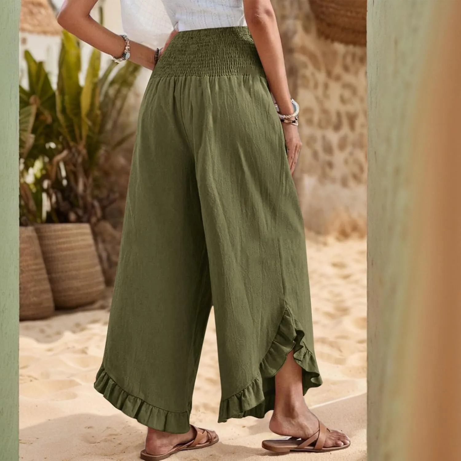 Wide Leg Pants Woman Casual Summer Smocked High Waisted Linen Pants Flowy Ruffle Hem Palazzo Pants with Pockets