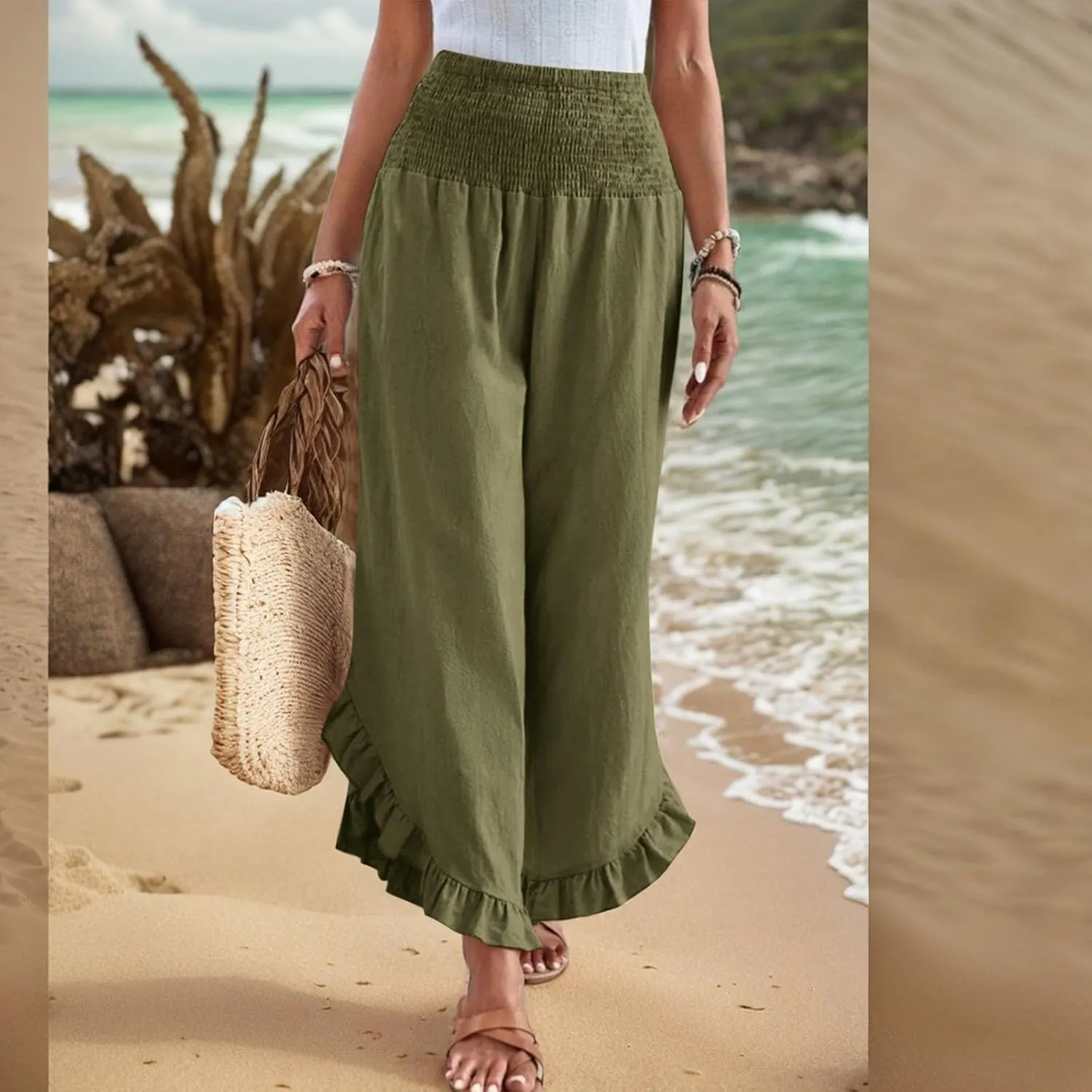 Wide Leg Pants Woman Casual Summer Smocked High Waisted Linen Pants Flowy Ruffle Hem Palazzo Pants with Pockets