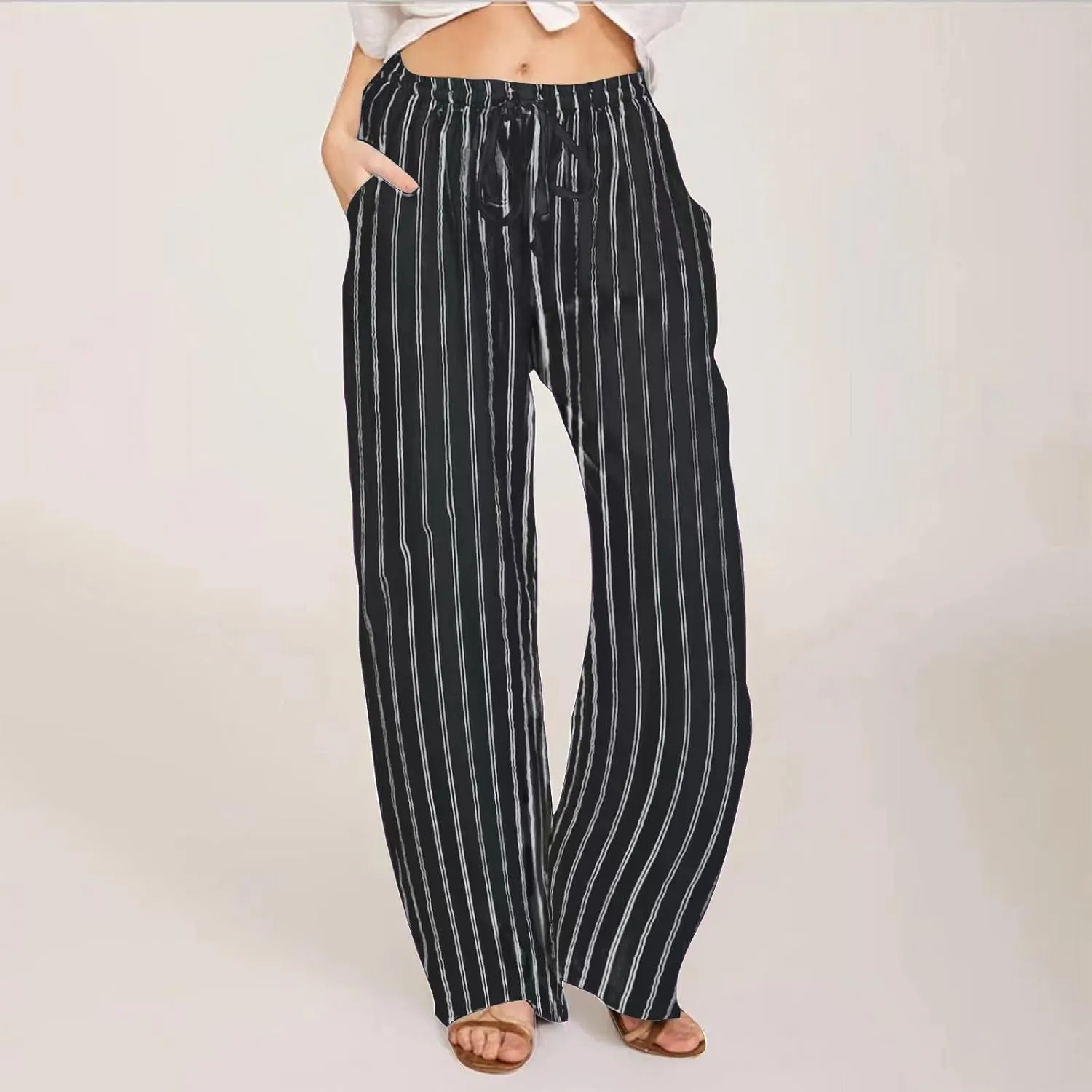 Wide Leg Pants Woman Summer Lightweight 2025 Casual Elastic Waist Palazzo Pants Flowy Soft Drawstring Trousers