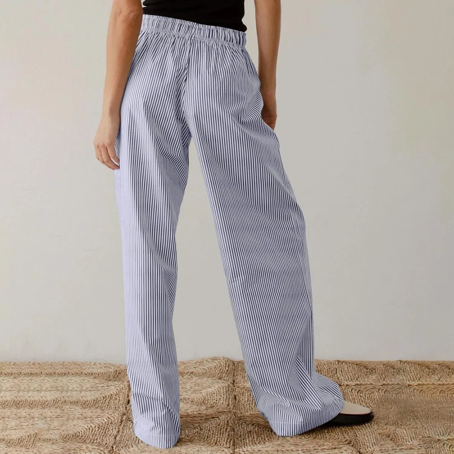 Wide Leg Pants Women Y2K Drawstring High Waisted Striped Straight Leg Trousers Trendy Baggy Pants with Pockets